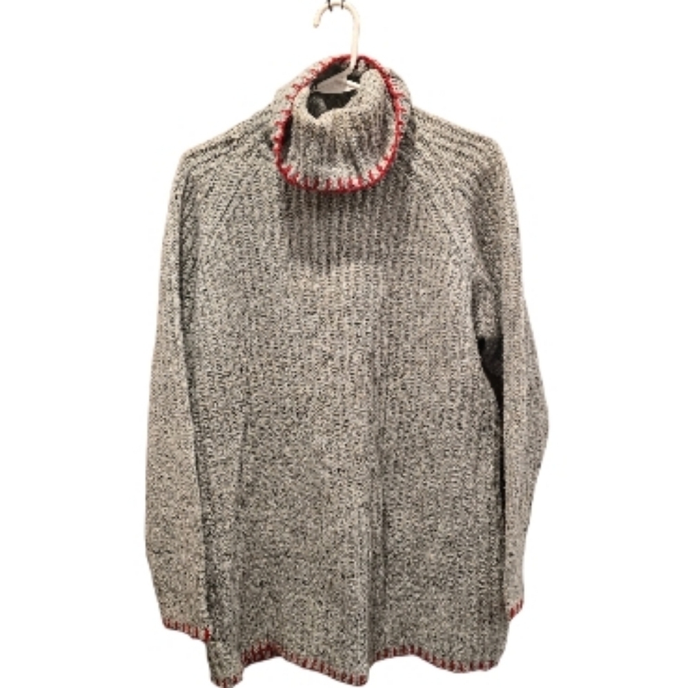Vtg 90s Y2K Flecked Gray Chunky Knit Oversized Sweater Red Embroidered